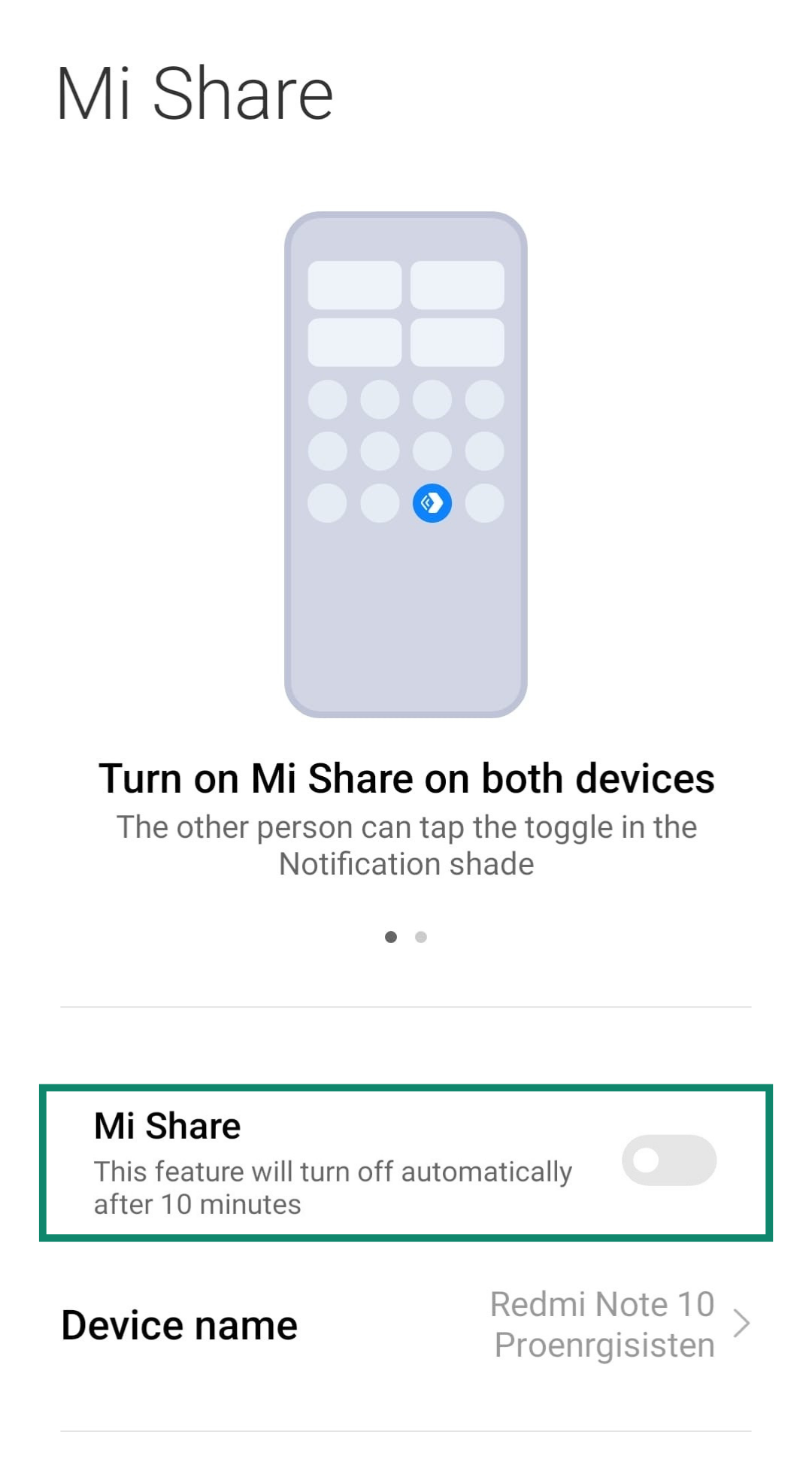 Android screen showing Mi Share untoggled.