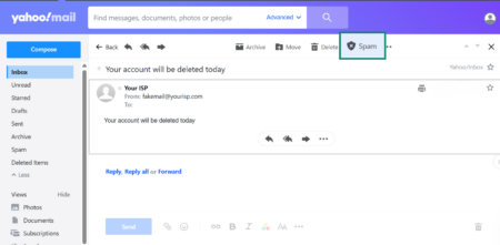 A screenshot showing the steps to report a phishing email in Yahoo.