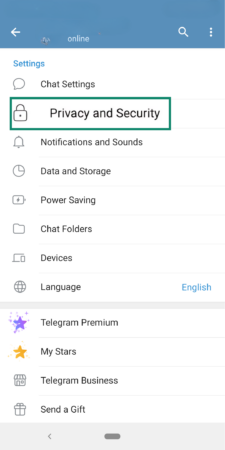 Phone screen showing Telegram Privacy and Securty setting.