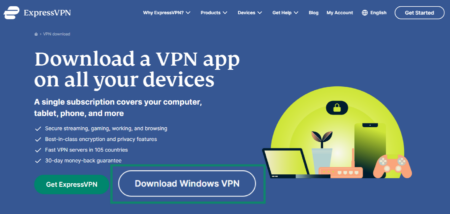ExpressVPN download page with the download button highlighted