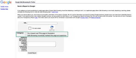 Google Safe Browsing page with category field highlighted.