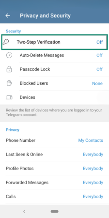 Phone screen showing Telegram two-step verification setting.