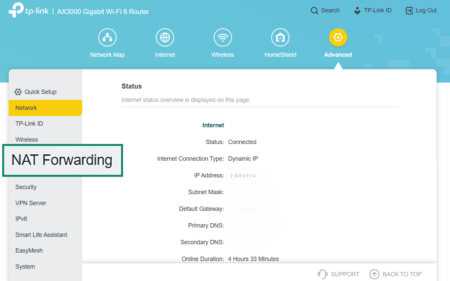 Find NAT settings and enable NAT forwarding.