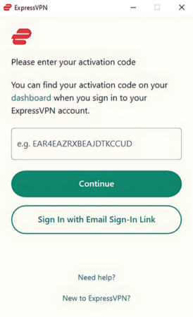 ExpressVPN app with the options to activate a user's account