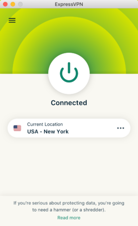 The ExpressVPN Mac client, showing an established VPN connection.