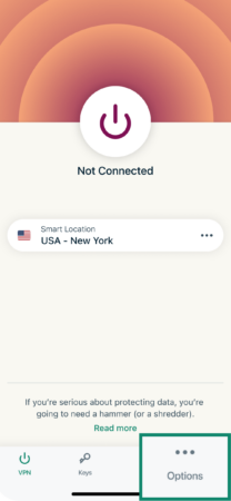 The ExpressVPN iOS app, showing the Options button.