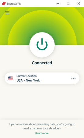 The main ExpressVPN app window, showing the green Connected button