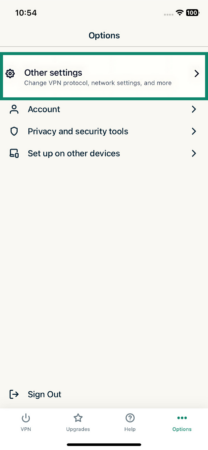 The Options screen of the ExpressVPN iOS app, showing the Other settings button.