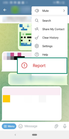 Phone screen showing the Telegram Report option.