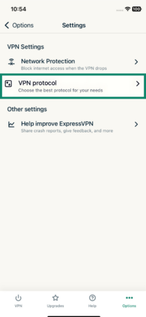 The VPN Settings page of the ExpressVPN iOS client, showing the VPN protocol option.