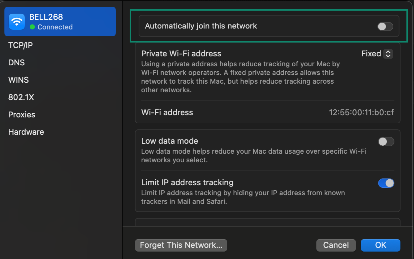 Wi-Fi settings on Mac showing the option to disable "Automatically join this network" for added security.