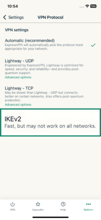 The Protocol page of the ExpressVPN iOS app, showing the IKEv2 option.