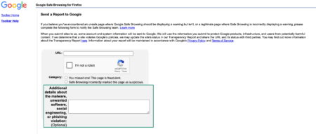 Google Safe Browsing page with category field highlighted.