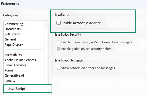 Image showing JavaScript option in Acrobat preferences.