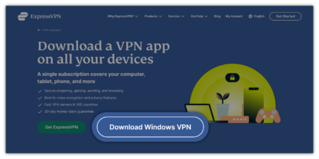 ExpressVPN download page with the download button highlighted