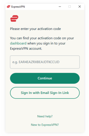 ExpressVPN app with the options to activate a user's account