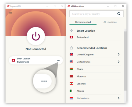 ExpressVPN app with the three-dots button enlarged and a list of servers