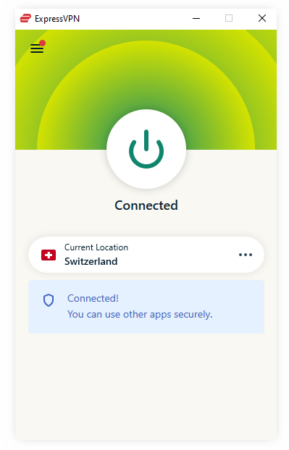 The main ExpressVPN app window, showing the green Connected button