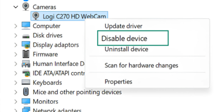 Image showing how to disable camera in Windows Device Manager.