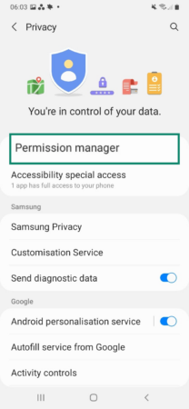 Image showing Android Permission manager.