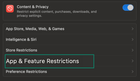 Image showing Mac App & Feature restrictions.