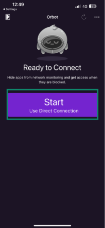 The Orbot app page, showing the Start button to set up a direct connection.