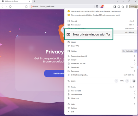 The Brave browser settings menu, showing the option to open a new tab with Tor.
