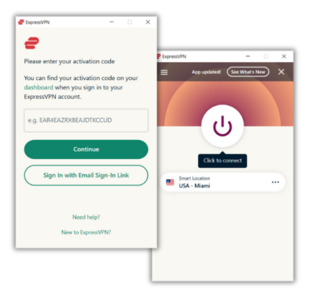 ExpressVPN app window with the Connect button and an ExpressVPN app window with the activation code field