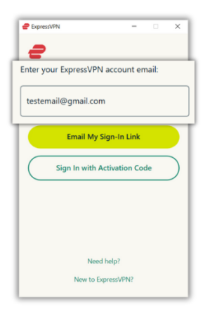 ExpressVPN app login window with account email field enlarged