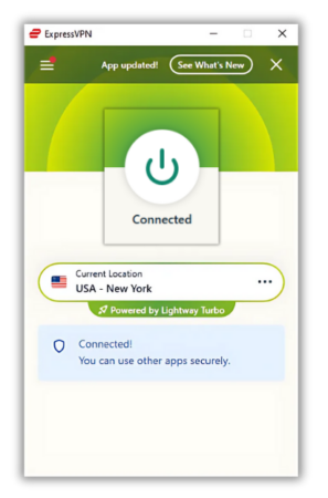 ExpressVPN app window with a green Connected button
