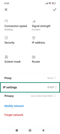 The network information page on an Android phone, showing the IP settings button.