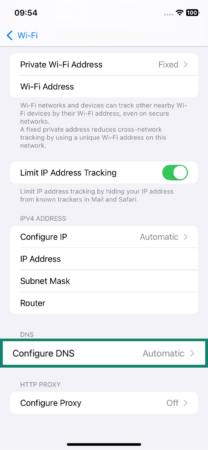 The network information page of an iOS device, showing the Configure DNS menu option.