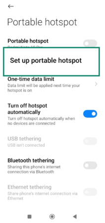 Android Portable hotspot settings screen with Set up portable hotspot option highlighted
