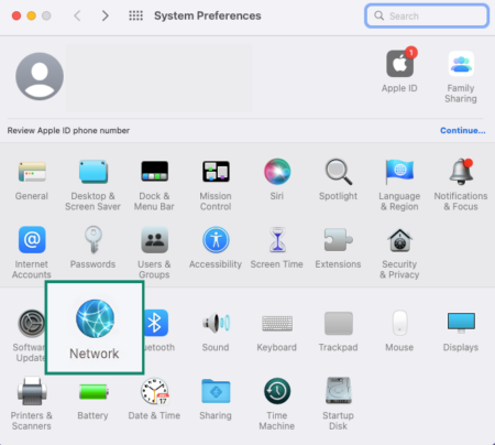 The System Preferences menu, showing the Network option.