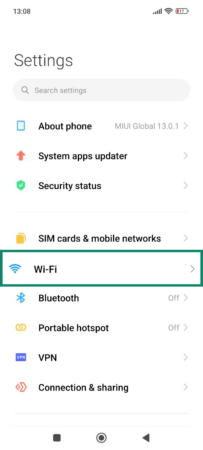 The Android Settings menu, showing the Wi-Fi button.