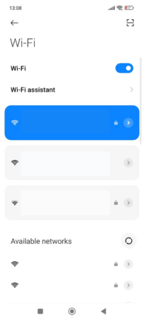 The Wi-Fi screen of the Android Settings menu, showing the list of available networks.